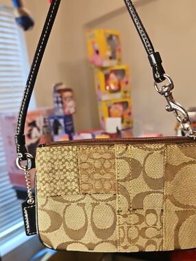 Coach Gold Signature Patchwork Wristlet with Black Strap